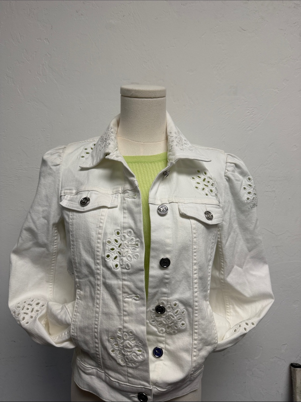 Milly White Eyelet Cutout Denim Jacket with Puff Shoulders